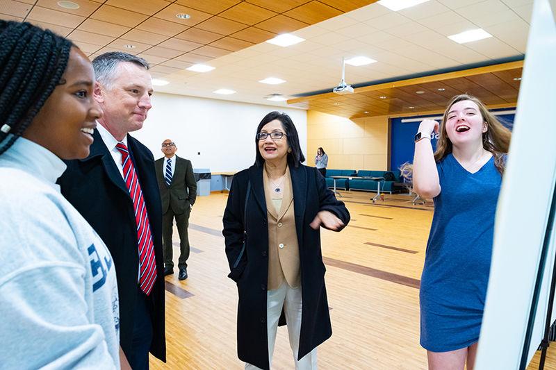 Bendapudi speaking with students